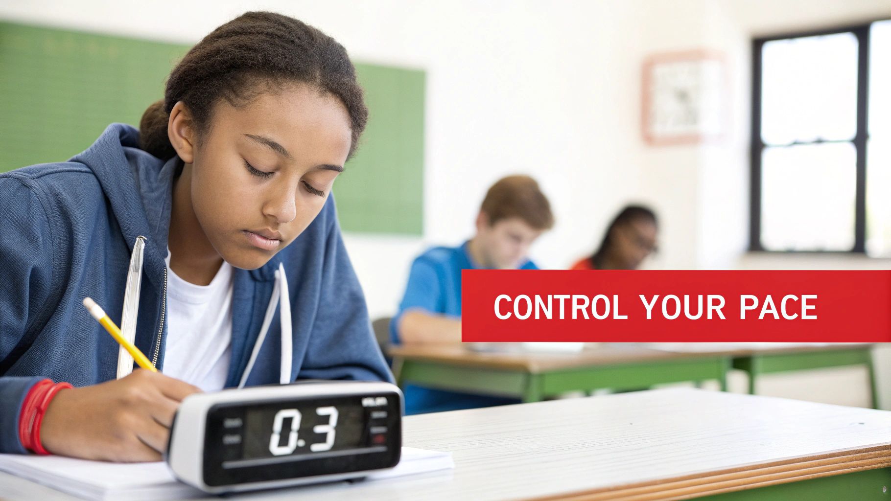 A focused student in a blue hoodie takes a timed test, a digital timer shows 0:3.