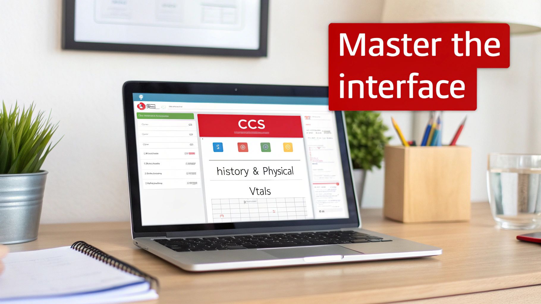 A laptop displaying a medical software interface on a wooden desk with a 'Master the interface' overlay.