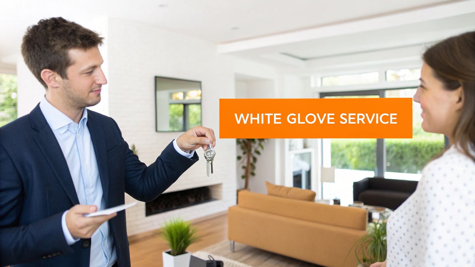 A male realtor hands a set of keys to a smiling female client in a bright, modern living room.