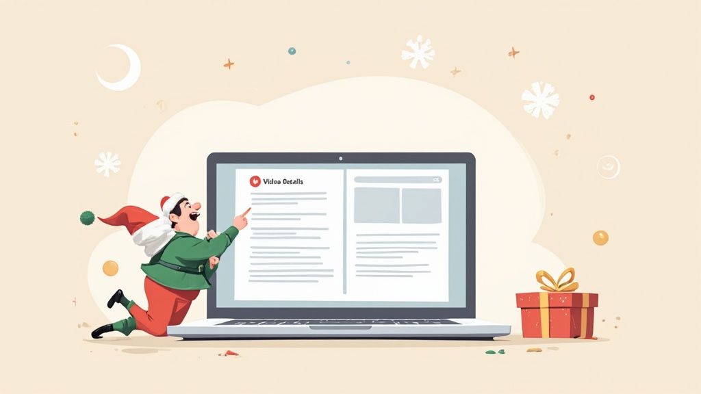 A cheerful Christmas elf points at a laptop displaying 'Video Details', with snowflakes and a gift box.