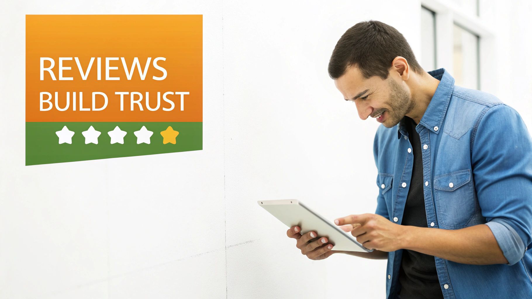 A man smiles while using a tablet, next to a graphic stating 'Reviews Build Trust' with a 4.5-star rating.