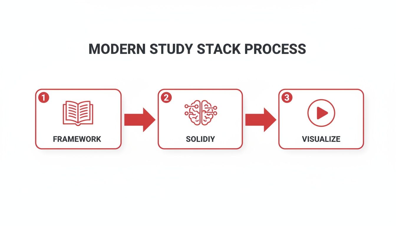 A three-step modern study stack process diagram illustrating Framework, Solidify, and Visualize.