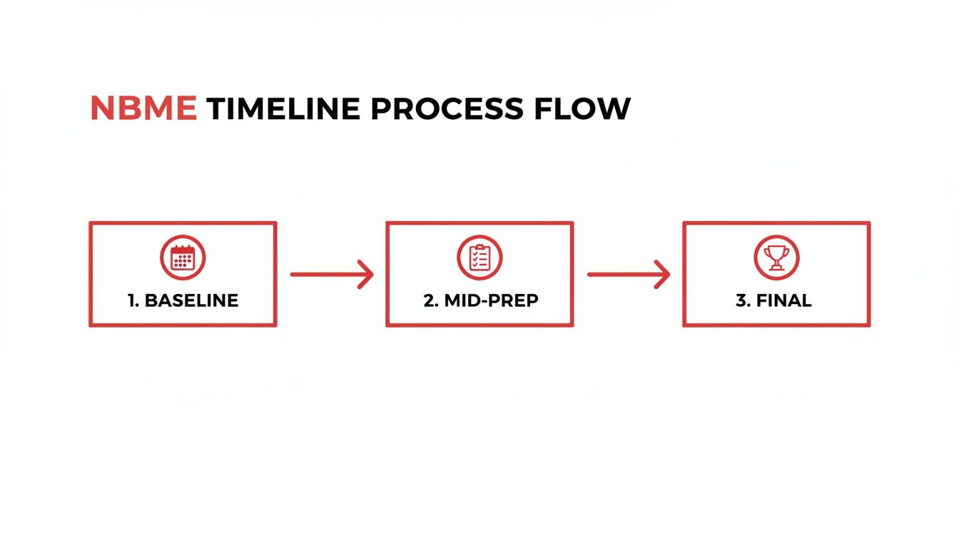 A red and black diagram illustrating the NBME timeline process flow with three stages: Baseline, Mid-Prep, and Final.