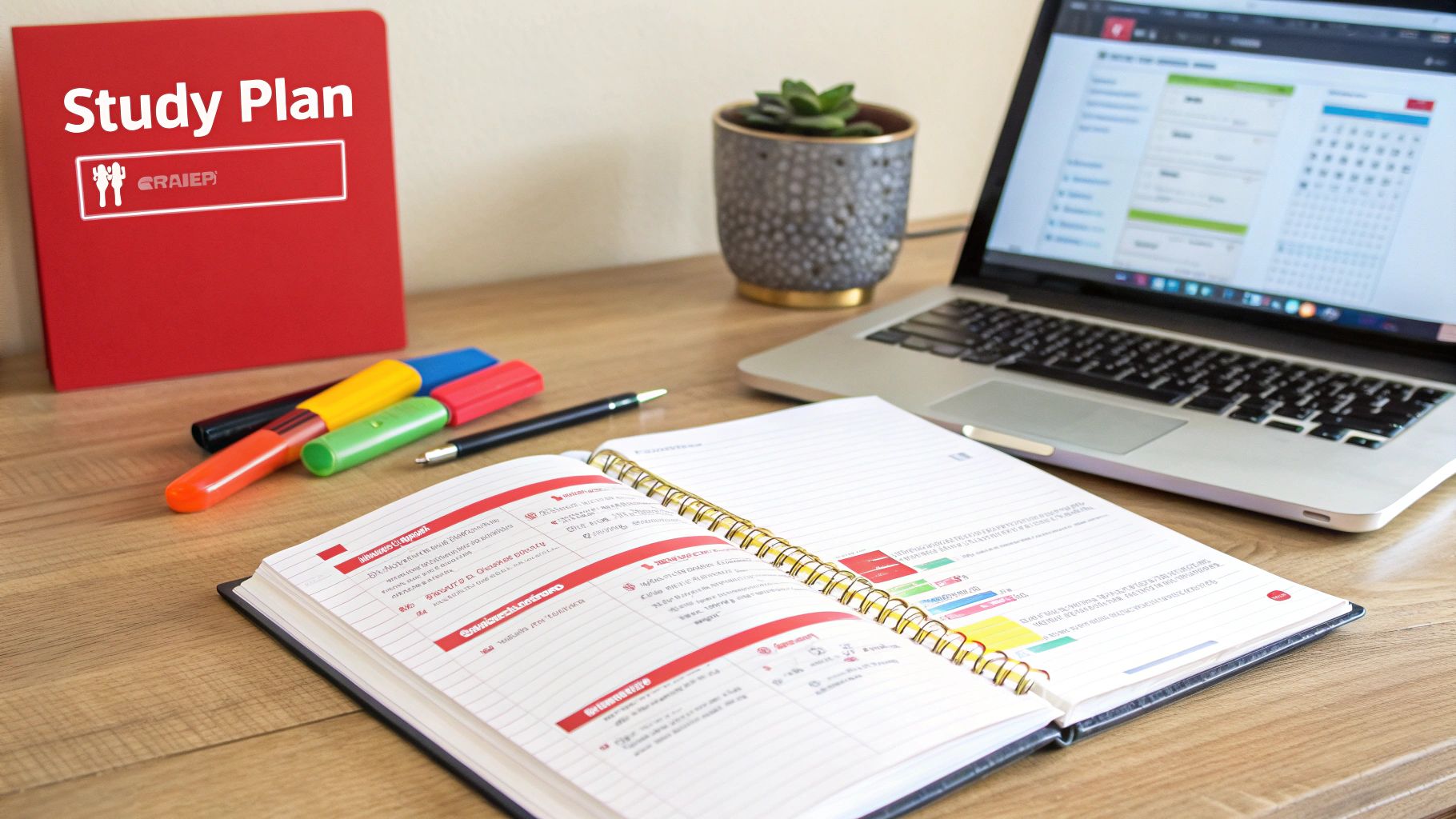 A study desk with a 'Study Plan' notebook, markers, an open planner, and a laptop with a calendar.
