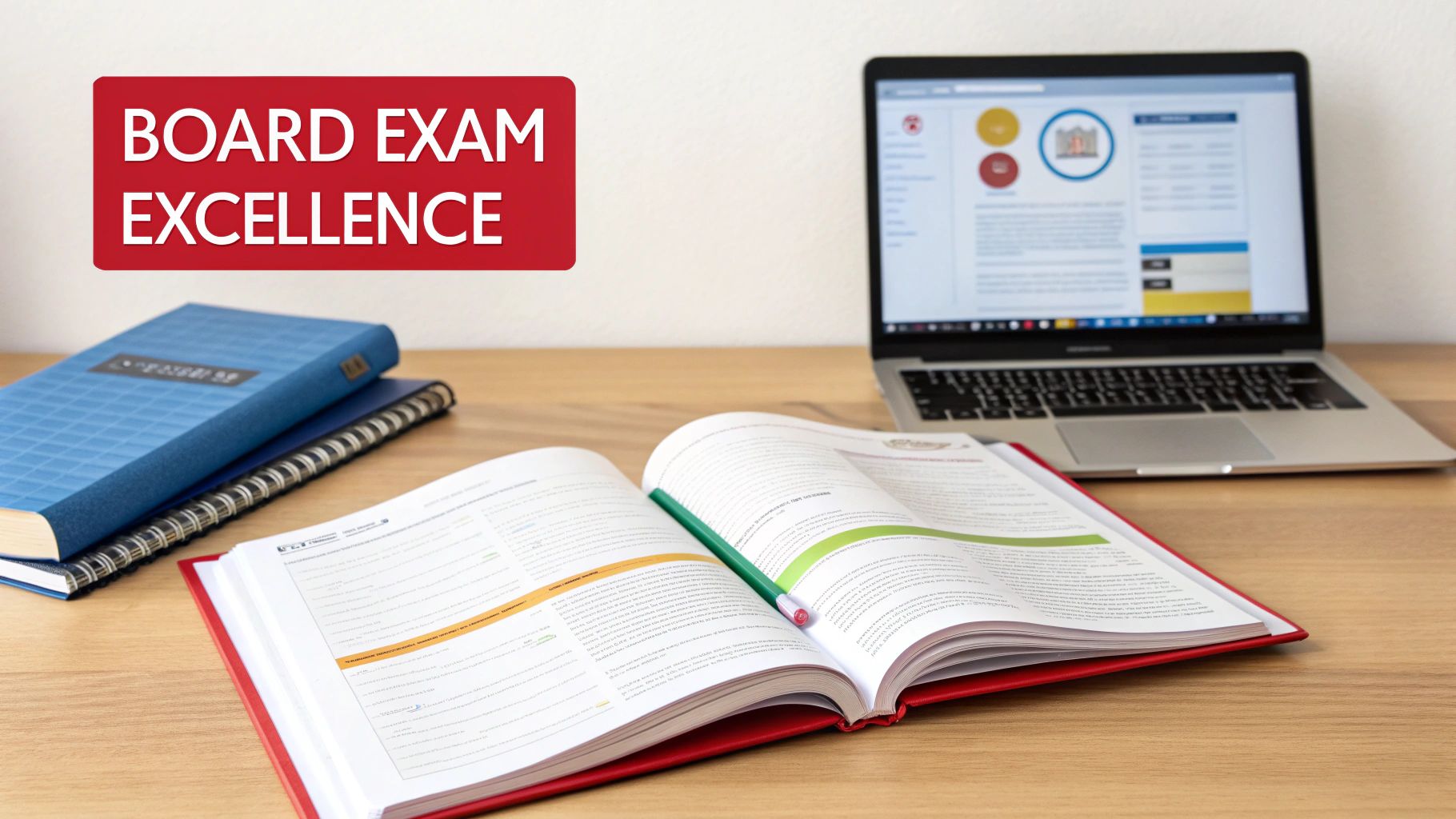 A study desk with open books, a laptop, and a banner reading 'Board Exam Excellence'.