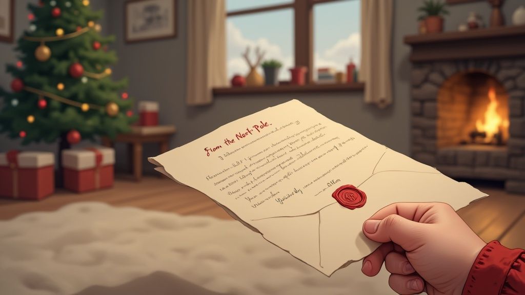 A hand holds a special letter from the North Pole with a wax seal in a cozy Christmas room.