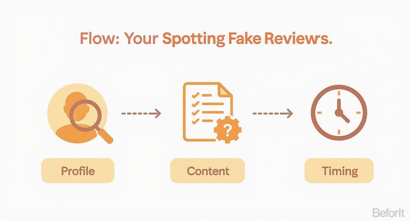 Infographic showing the process of spotting fake reviews by analyzing the reviewer's profile, the content of the review, and its timing.