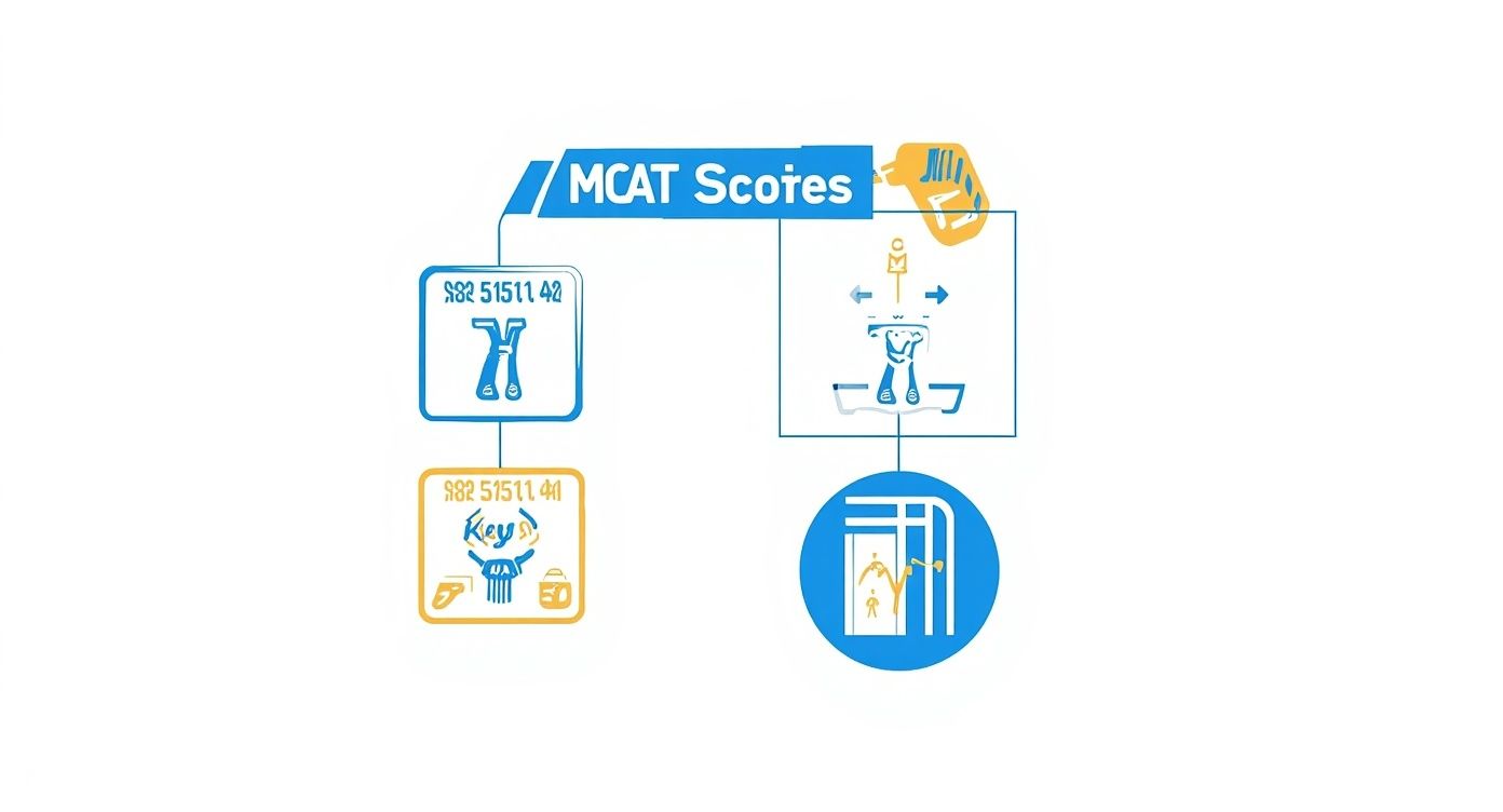 A conceptual diagram or flowchart illustrating MCAT scores with various abstract icons and data processing steps.