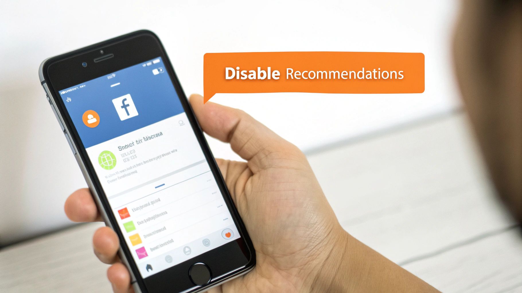 A hand holds a smartphone displaying the Facebook app with a speech bubble saying 'Disable Recommendations'.