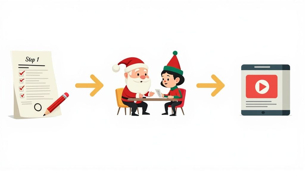 Illustration of three steps: a checklist, Santa with an elf, and a tablet with a video playing.