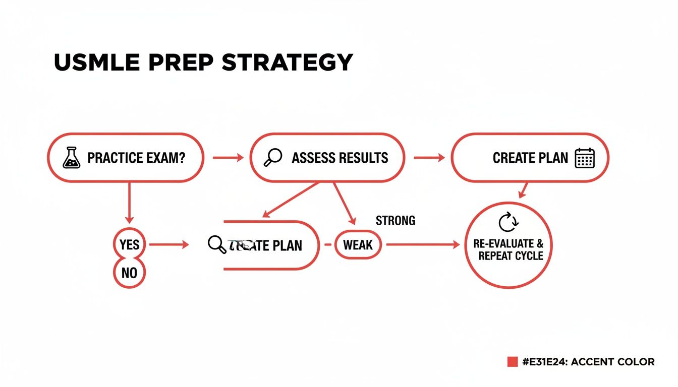 Flowchart detailing a USMLE prep strategy, including practice exams, results assessment, and plan creation.
