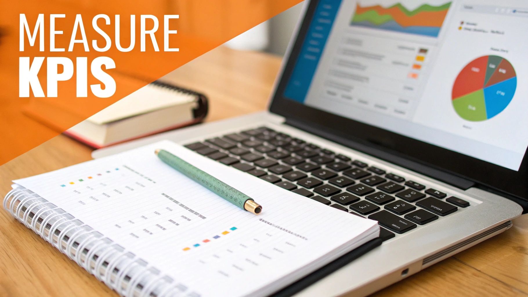 A laptop displaying business analytics, charts, and graphs with a notebook and pen on a wooden desk.