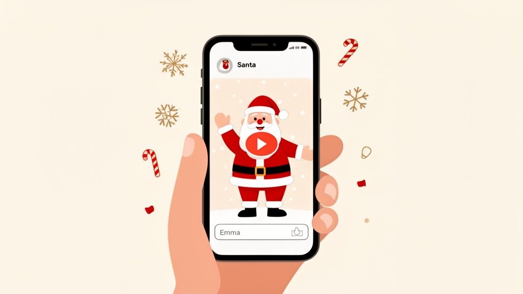 A hand holds a smartphone displaying an animated Santa Claus video call surrounded by festive decorations.