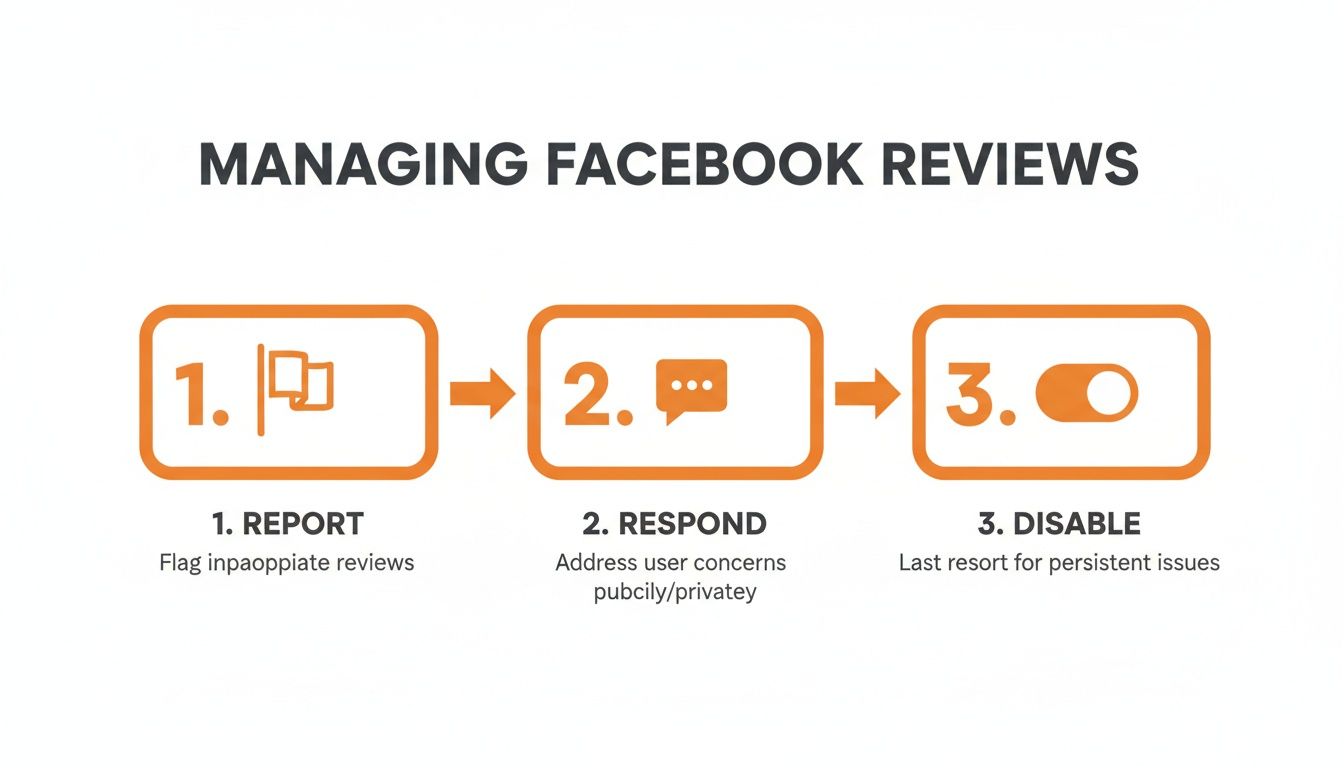 Infographic detailing three steps for managing Facebook reviews: report, respond, and disable.