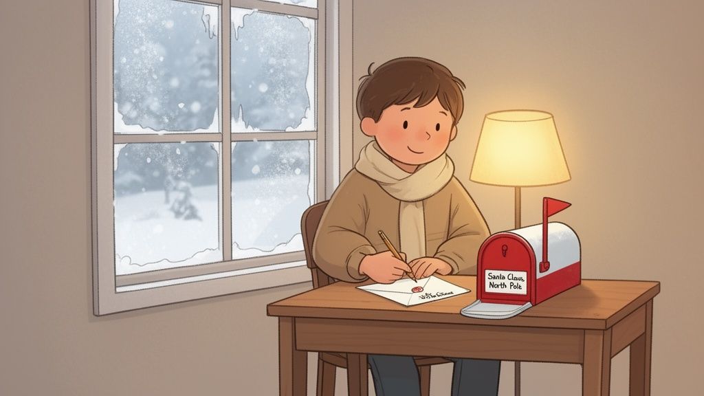 A young boy writes a letter to Santa Claus at his desk with a snowy window view.