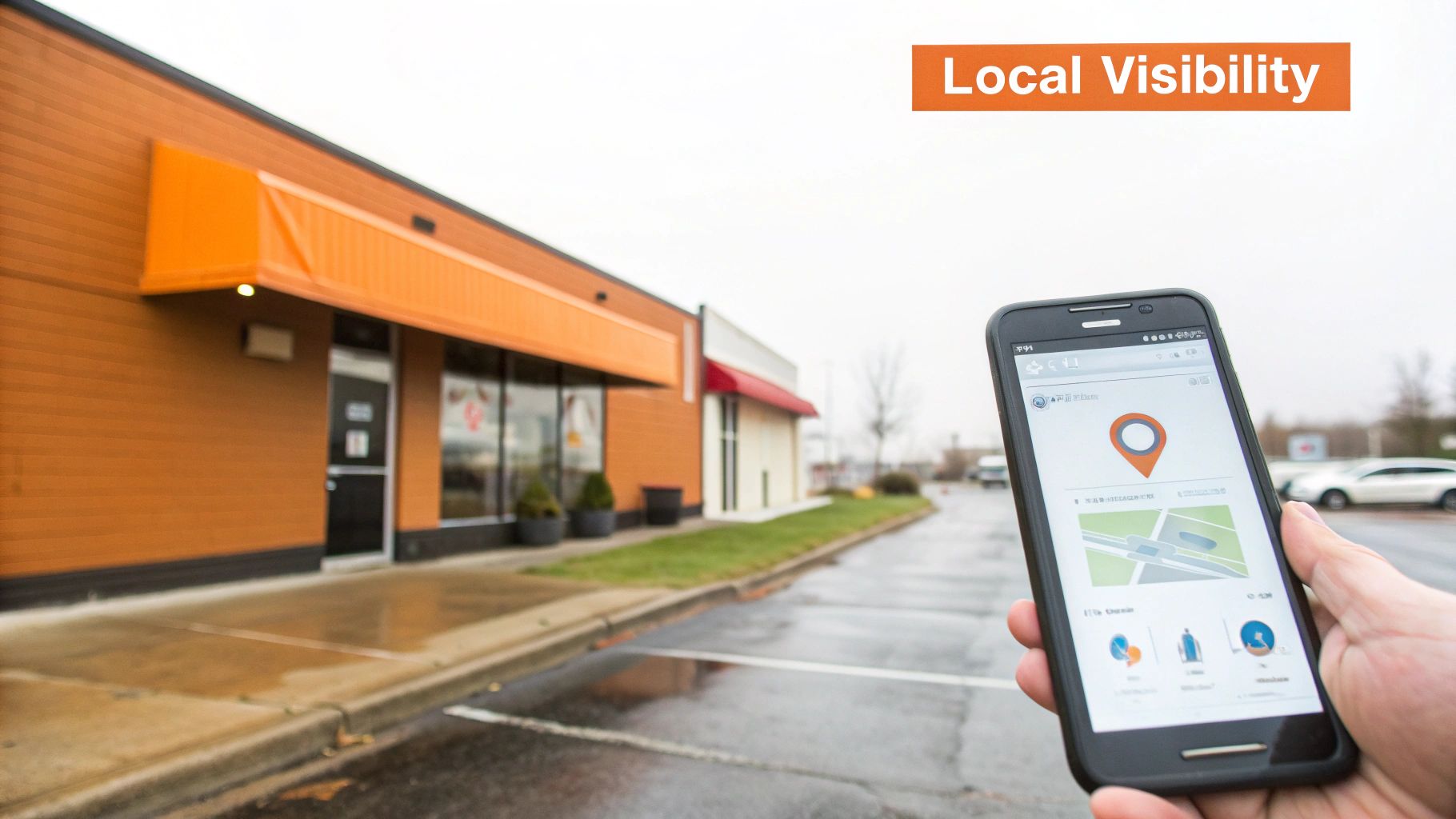 A hand holds a smartphone displaying a map application with a location pin in front of a business building.