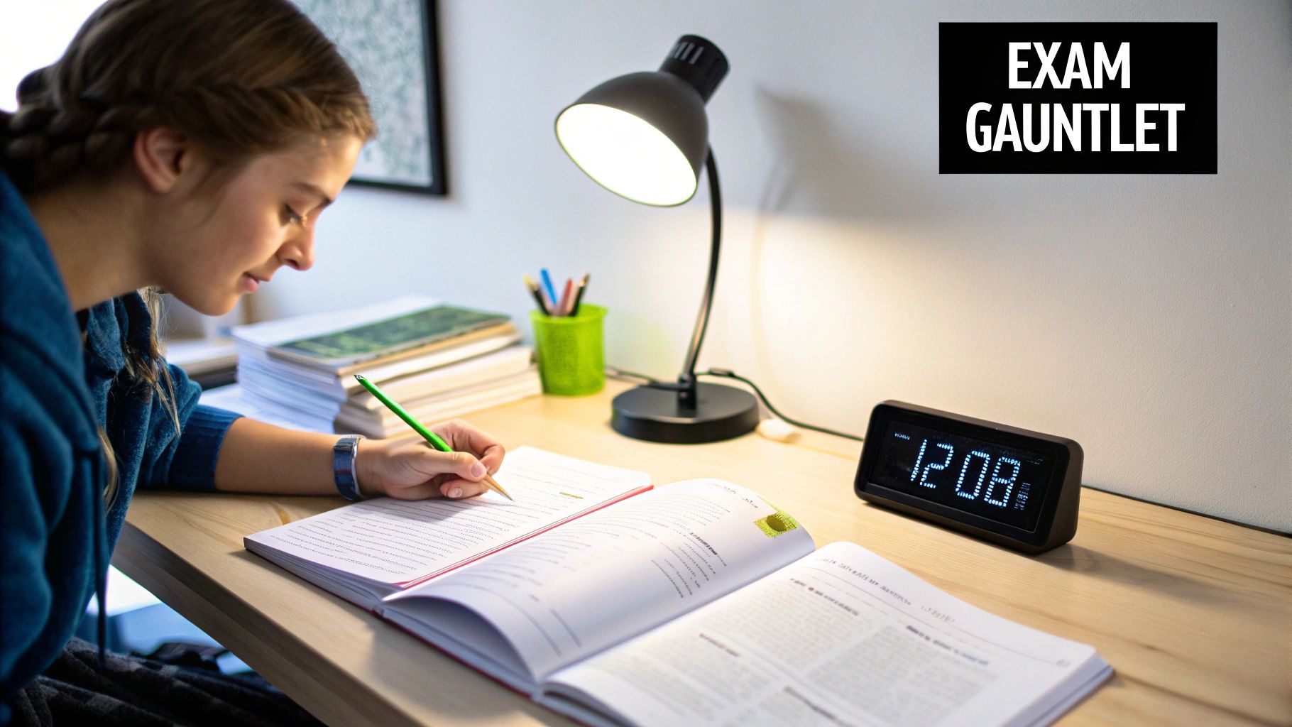 A focused student taking a practice MCAT exam on a laptop, with a clock in the background indicating a long study session.