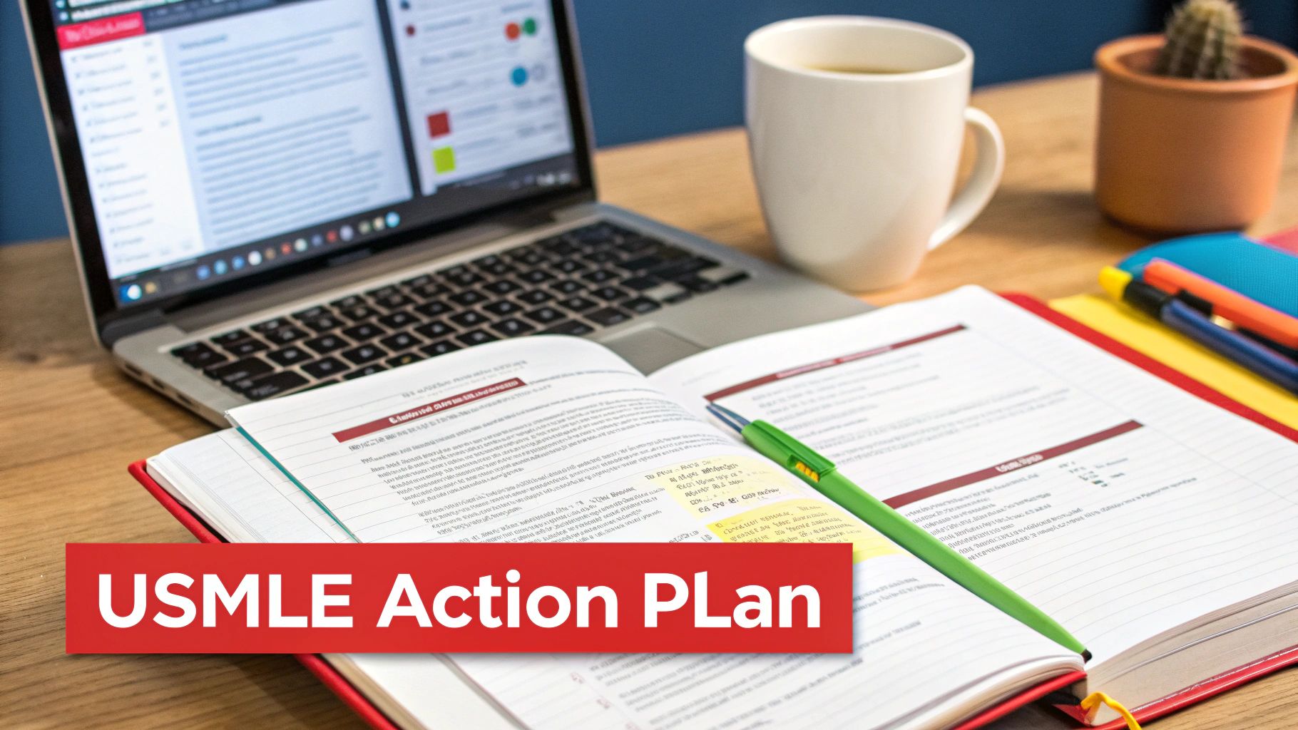 A student's desk with a laptop, open textbook, coffee, and 'USMLE Action Plan' banner.