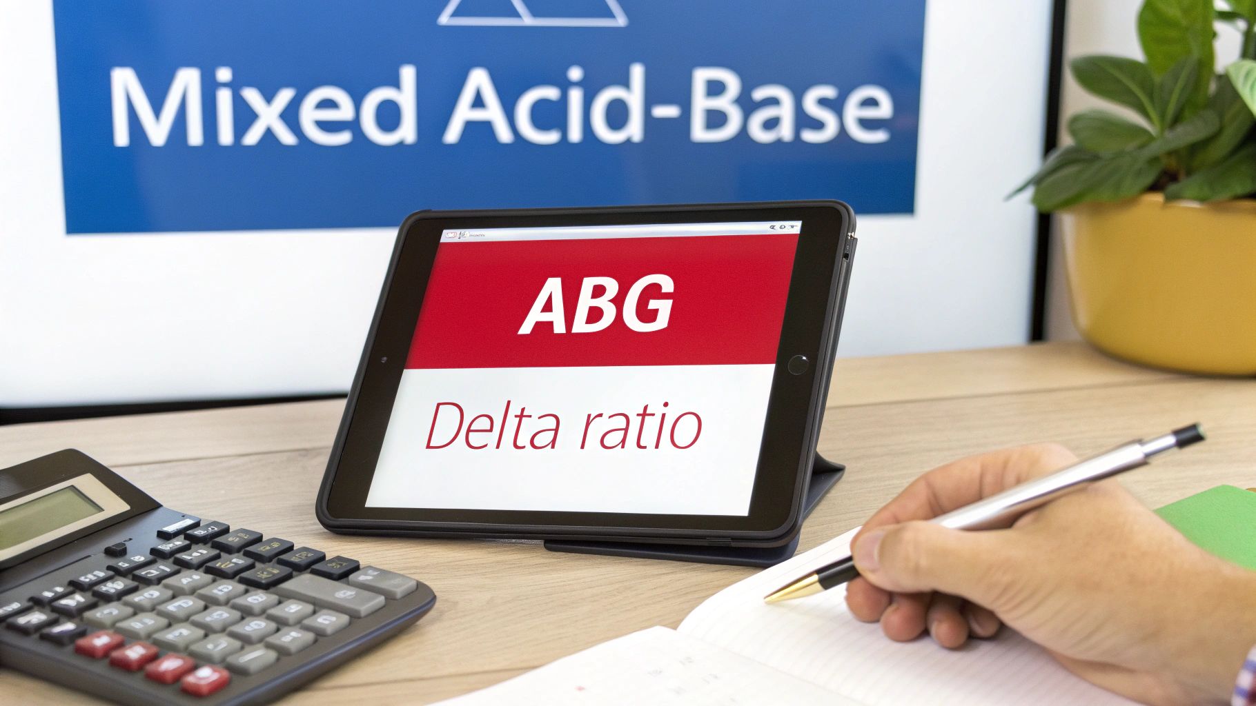 A person studying medical concepts, with a tablet showing ABG and Delta ratio, a calculator, and notes.