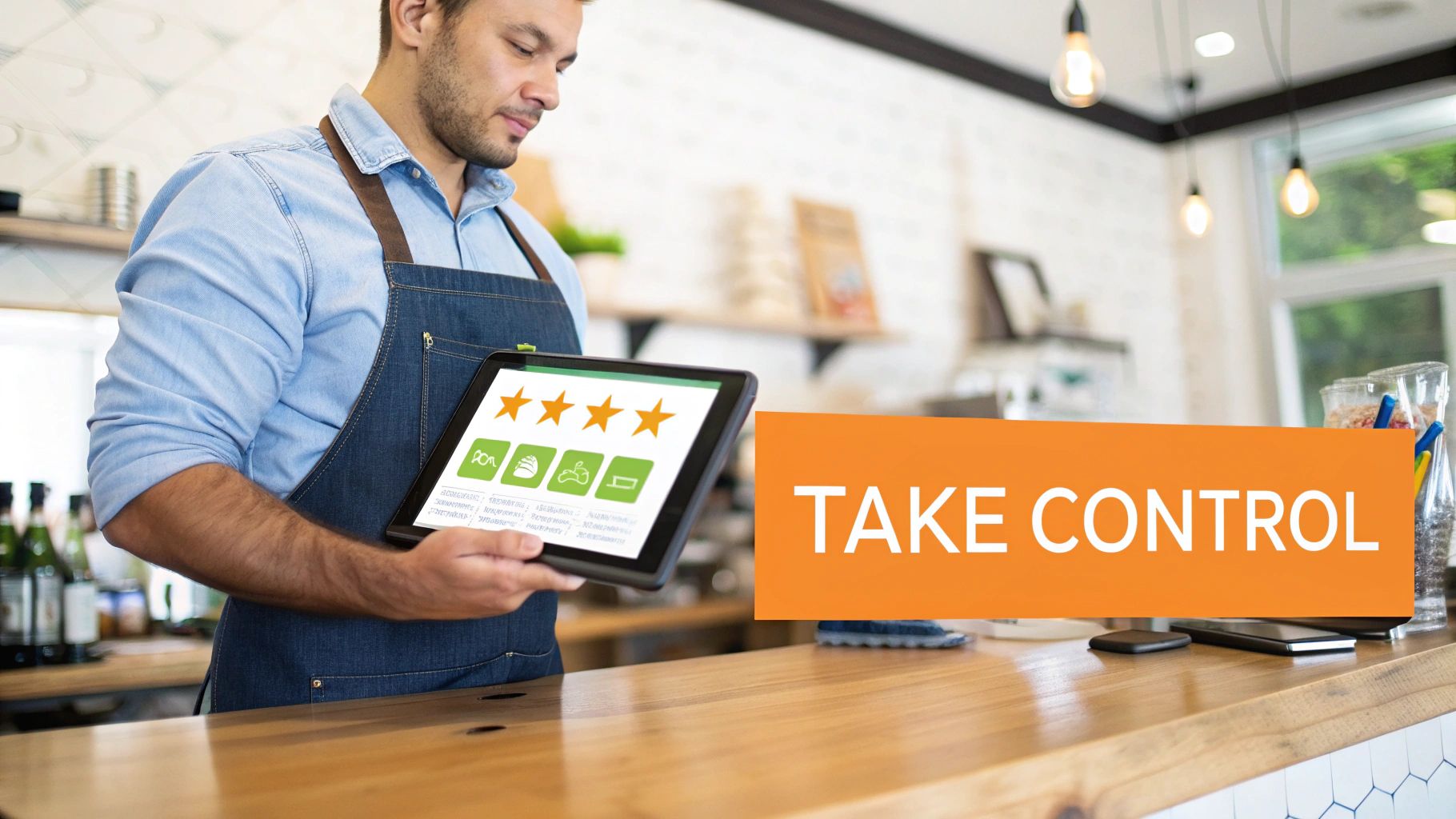 A man in an apron reviews customer feedback on a tablet, showing four-star ratings.