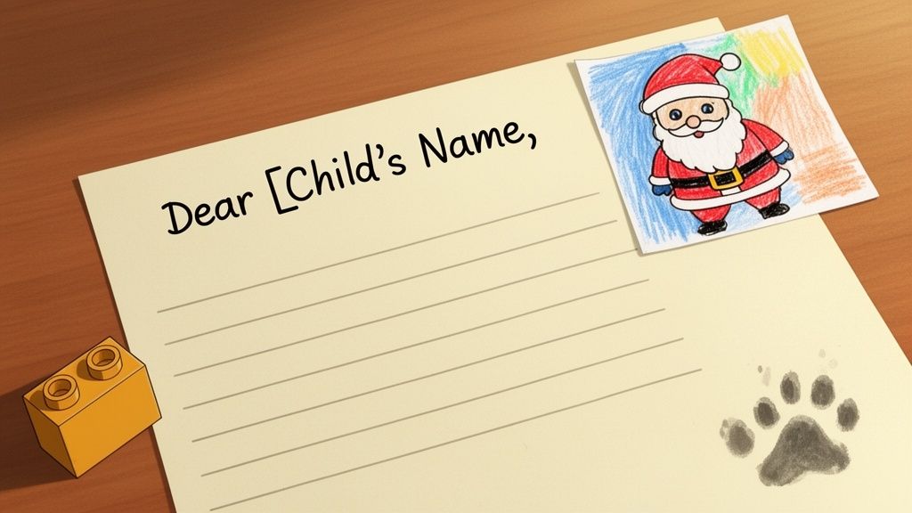 A child's letter to Santa Claus, featuring a drawing of Santa, a Lego brick, and a paw print.