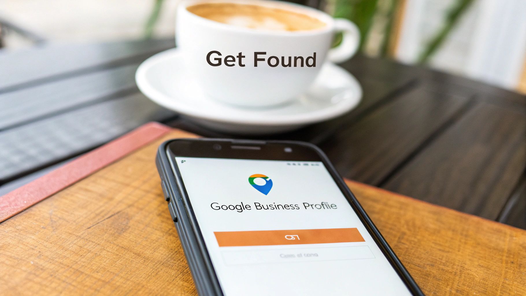 A smartphone displaying Google Business Profile app next to a coffee cup with 'Get Found' text.