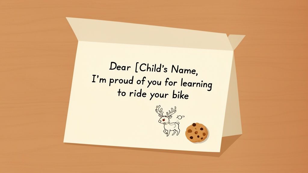 A congratulatory letter on a wooden surface for a child learning to ride a bike, with a reindeer drawing and a cookie.