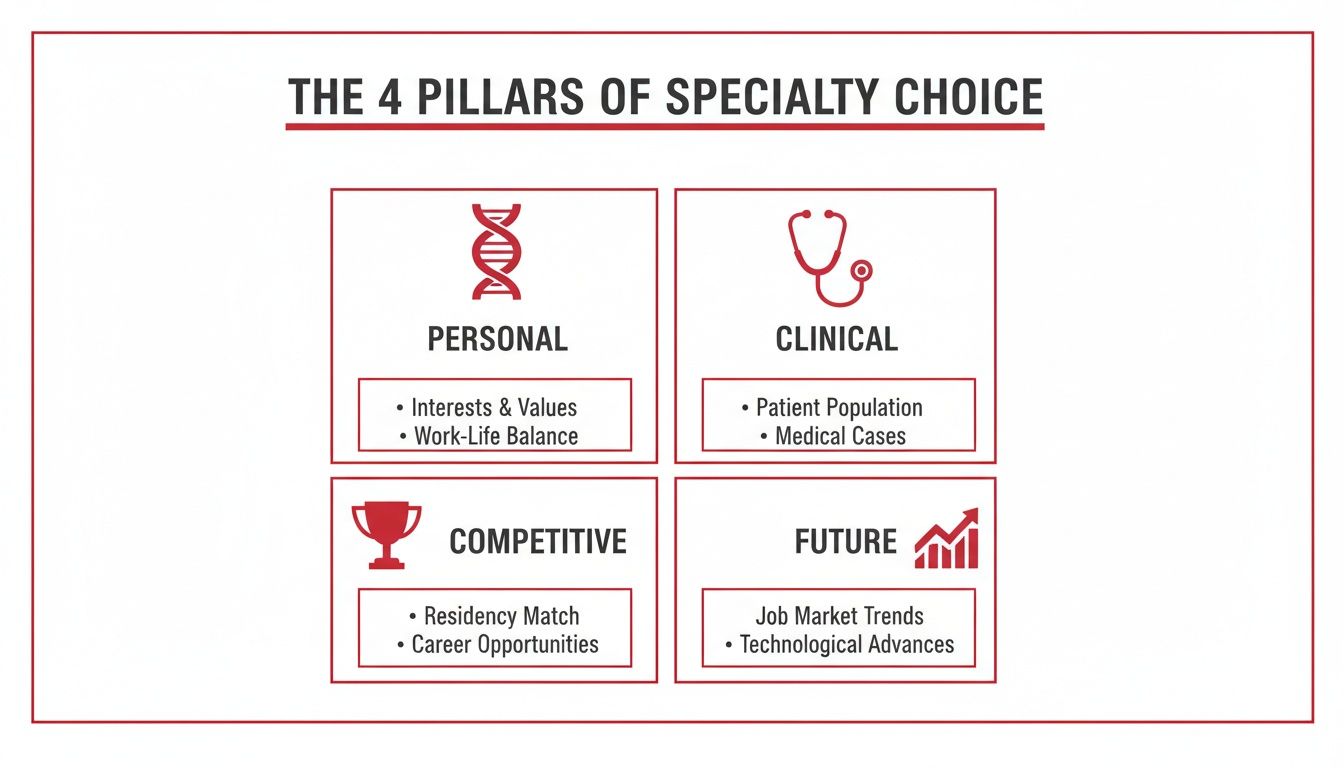 An infographic illustrating the four pillars of medical specialty choice: personal, clinical, competitive, and future factors.