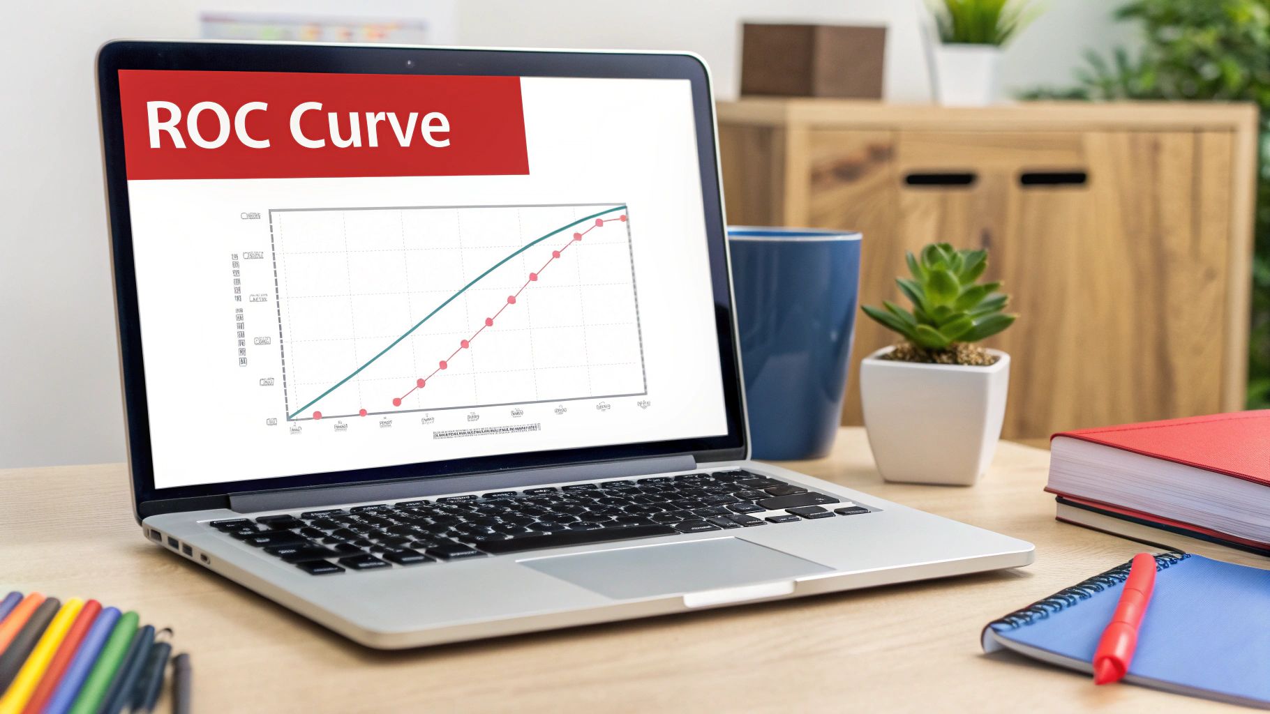 A laptop on a wooden desk displays a graph titled 'ROC Curve', surrounded by office supplies.