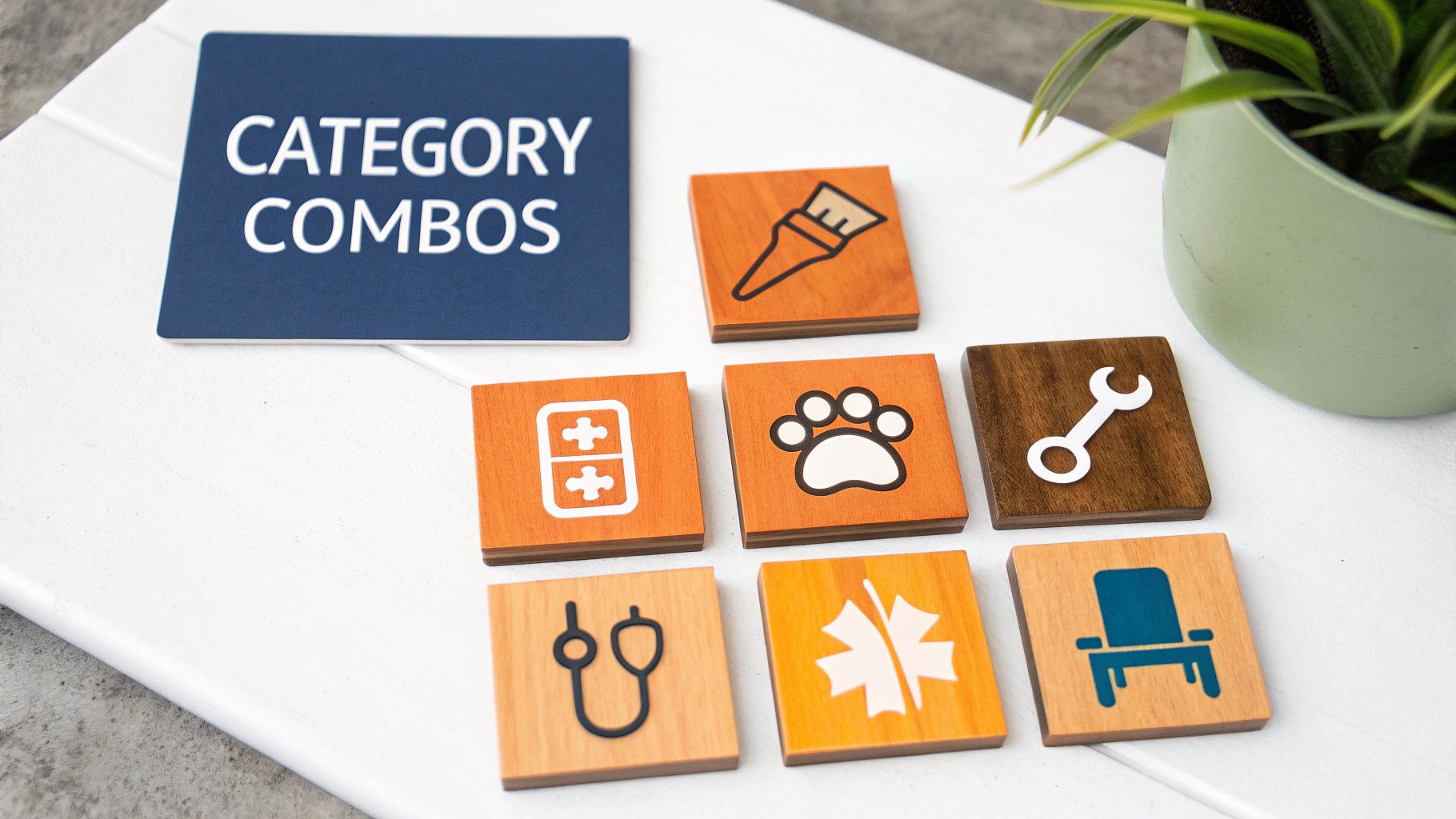 A blue sign reads 'CATEGORY COMBOS' next to wooden tiles with various service icons.