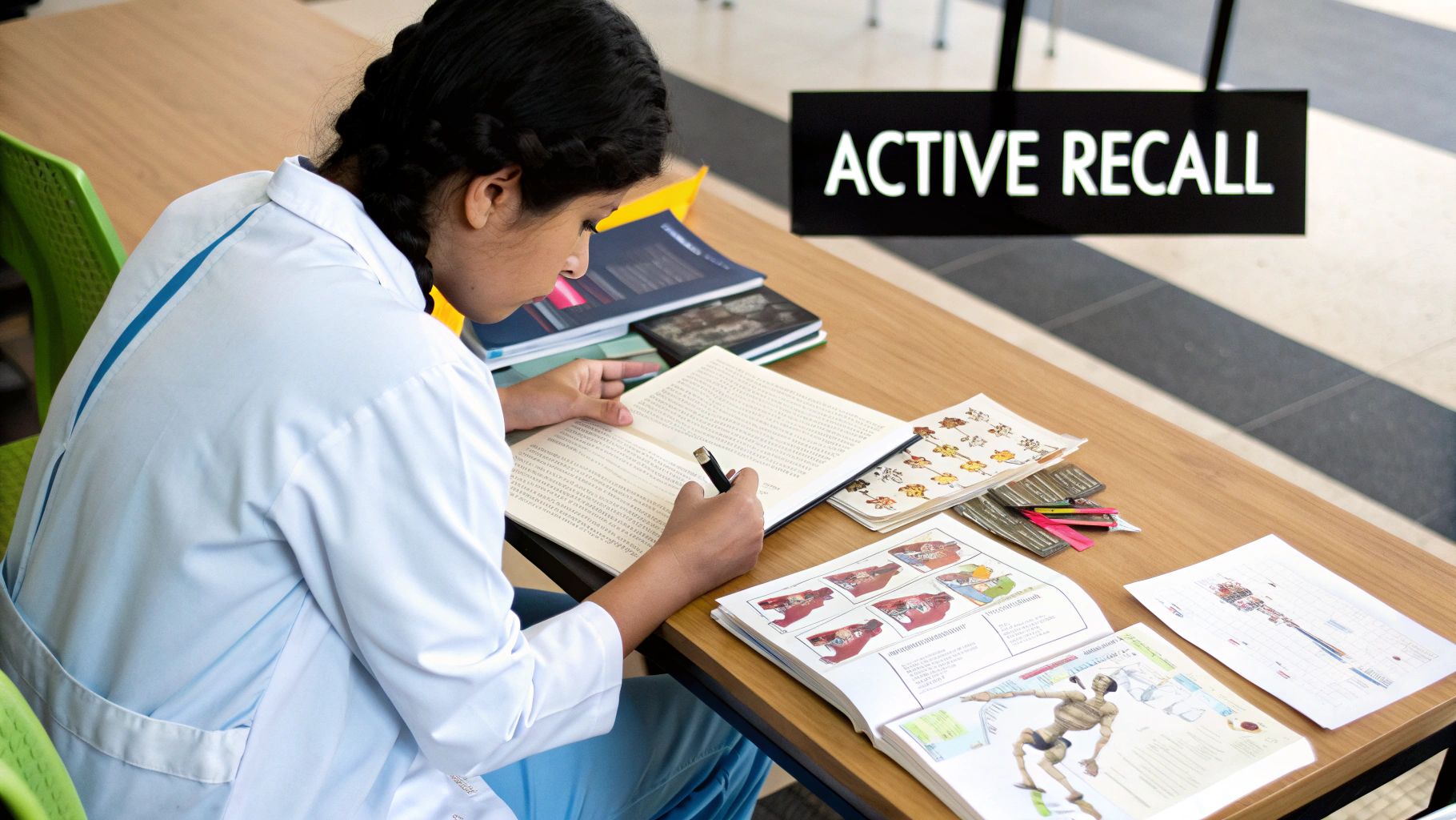 A medical student using flashcards on a laptop, demonstrating the concept of active recall.