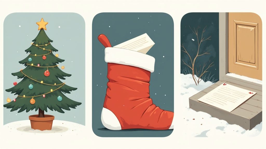 Three festive illustrations: a decorated Christmas tree, a stocking with a letter, and a letter on a snowy doorstep.