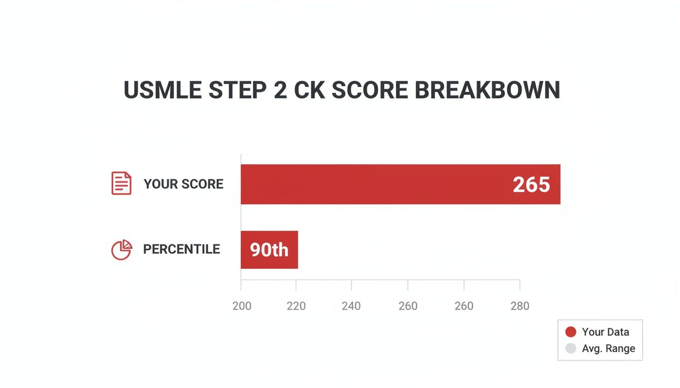 USMLE Step 2 CK score breakdown chart displaying a score of 265 and 90th percentile.