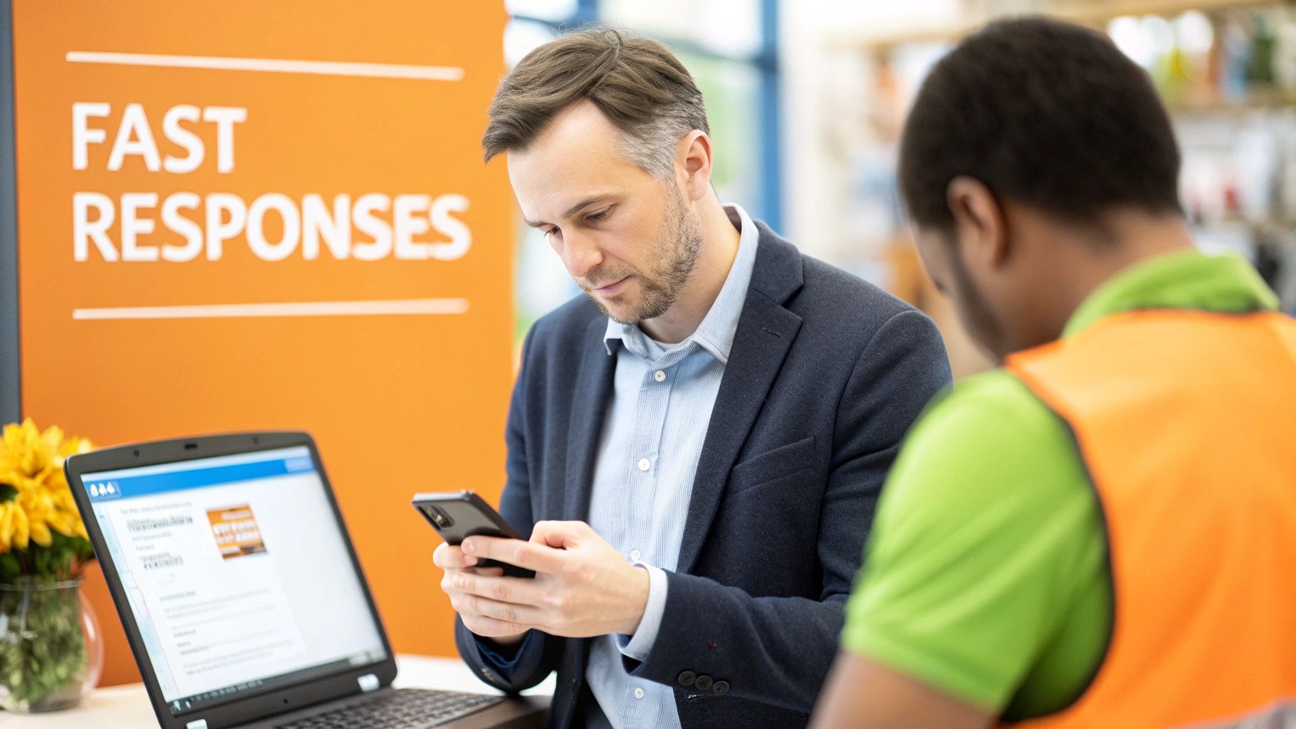 A man in a suit jacket checks his phone while a colleague stands nearby, with a laptop and a "FAST RESPONSES" sign visible.