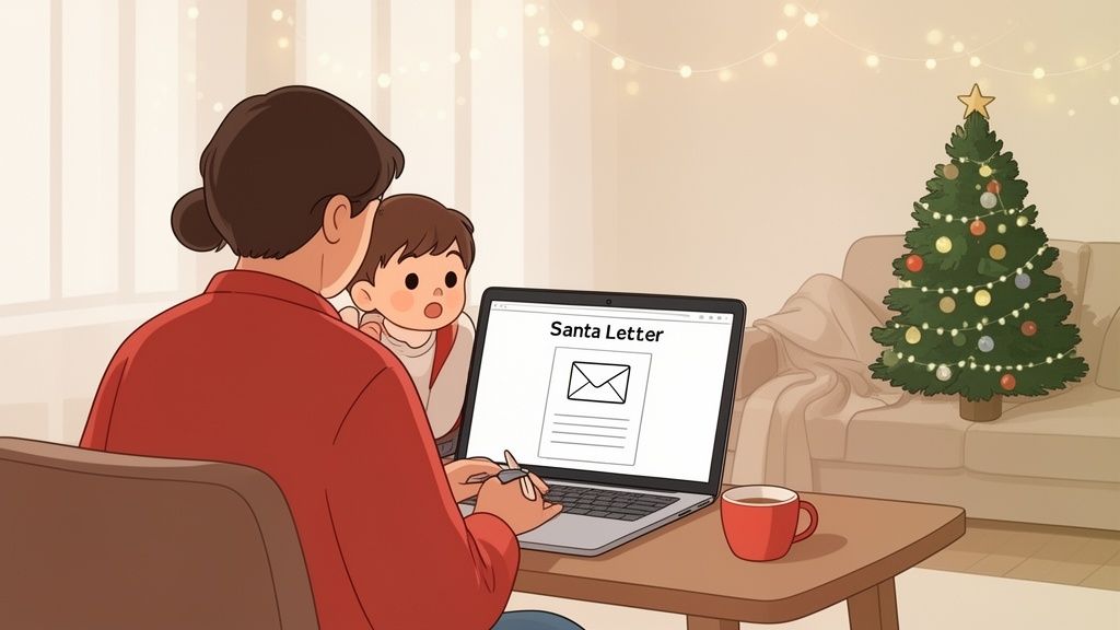 An adult and child are writing a Santa letter on a laptop in a festive room with a Christmas tree.