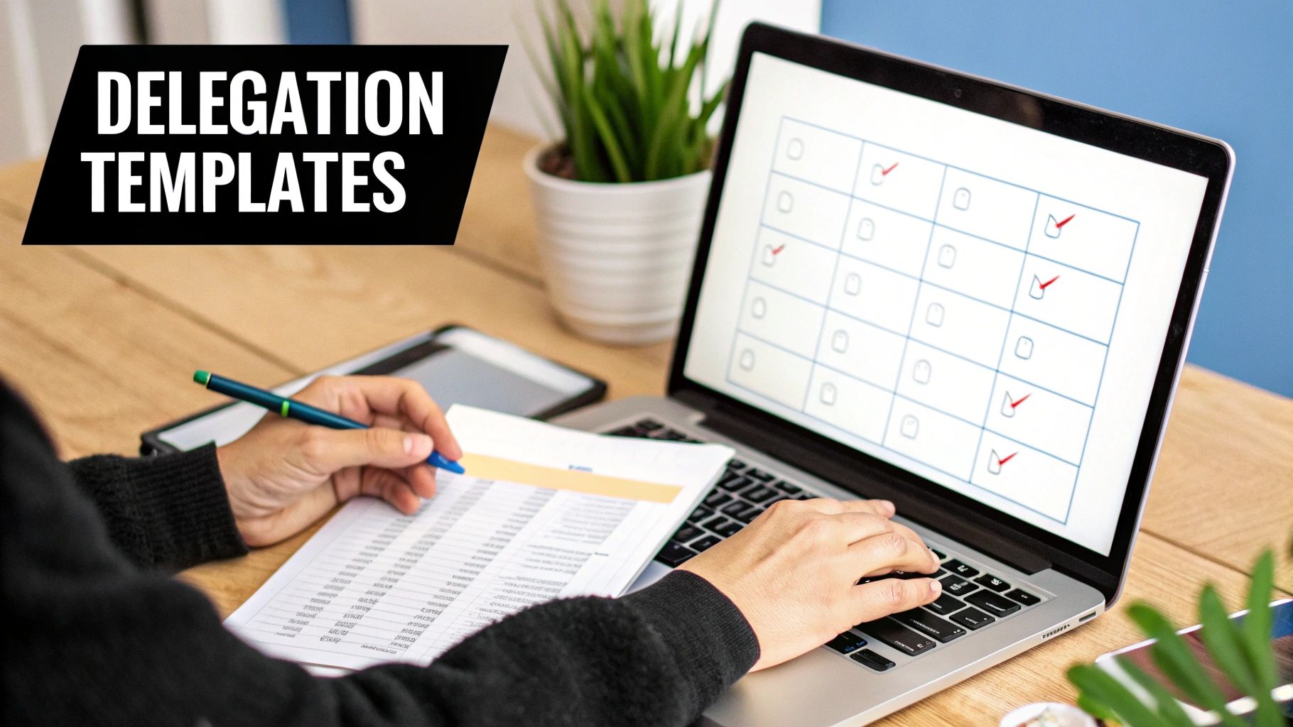Person working at a desk with a laptop and paper, utilizing delegation templates for task management.