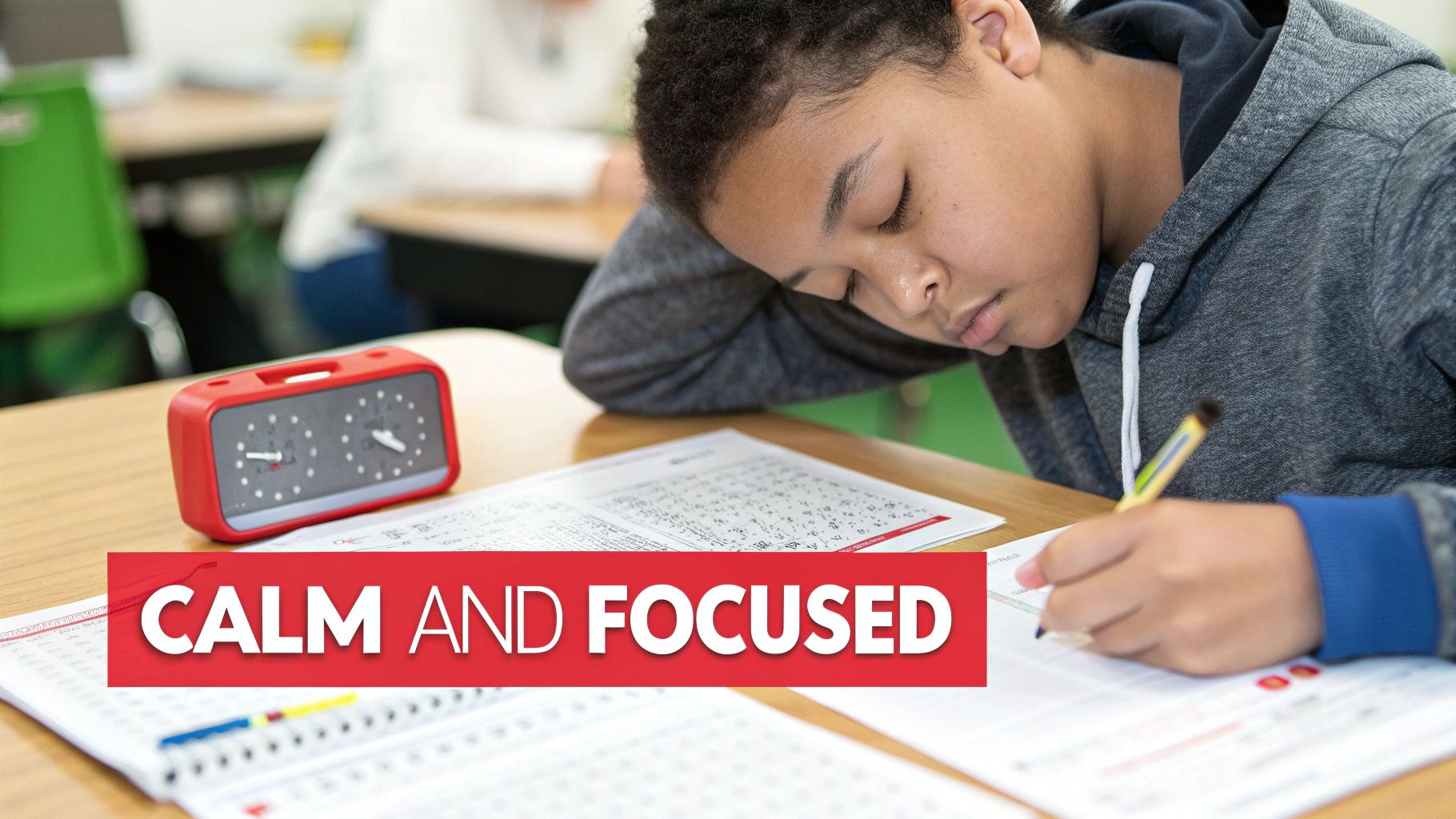 A medical student meditating calmly before an exam, with study materials in the background.