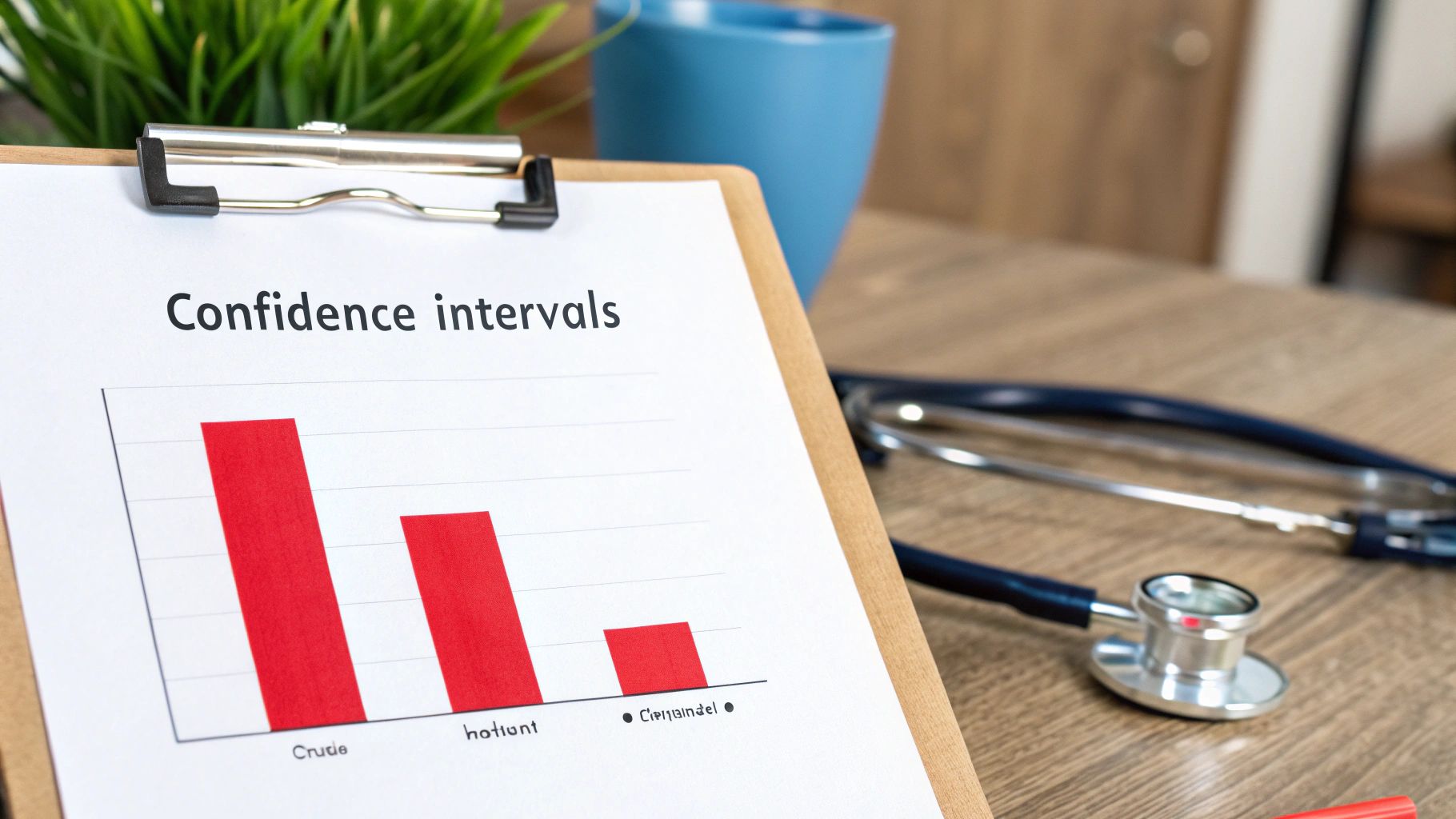 A clipboard with a bar chart titled "Confidence intervals" on a wooden desk with a stethoscope and plant.
