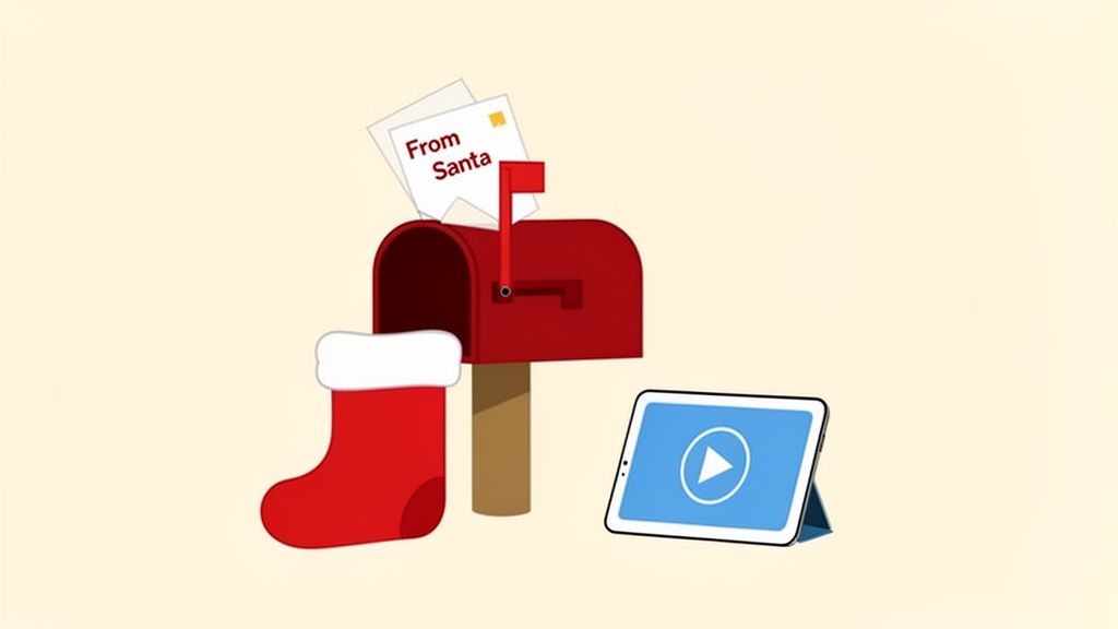 A festive scene with a mailbox holding letters from Santa, a Christmas stocking, and a tablet displaying a video play button.