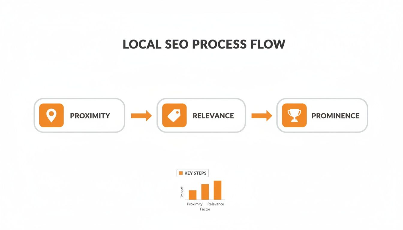 Flowchart illustrating the Local SEO process: Proximity, Relevance, and Prominence, with an impact chart.