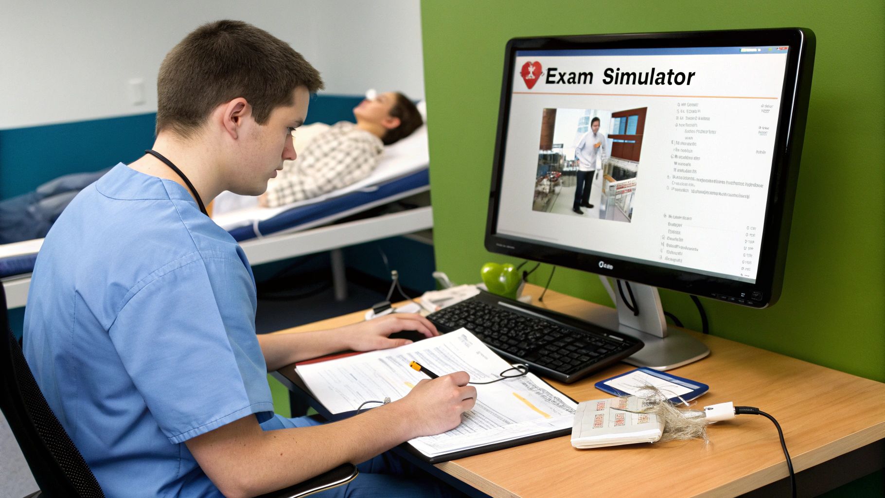 A medical professional reviewing patient data on a digital tablet in a modern clinical setting.