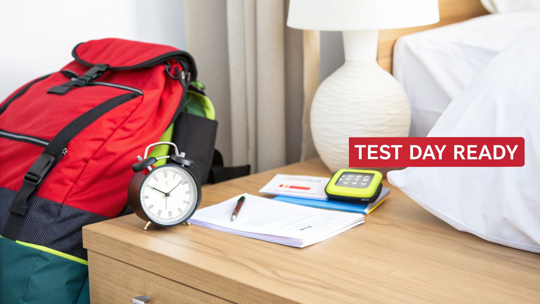 Study desk with backpack, clock, calculator, and papers prepared for MCAT test day