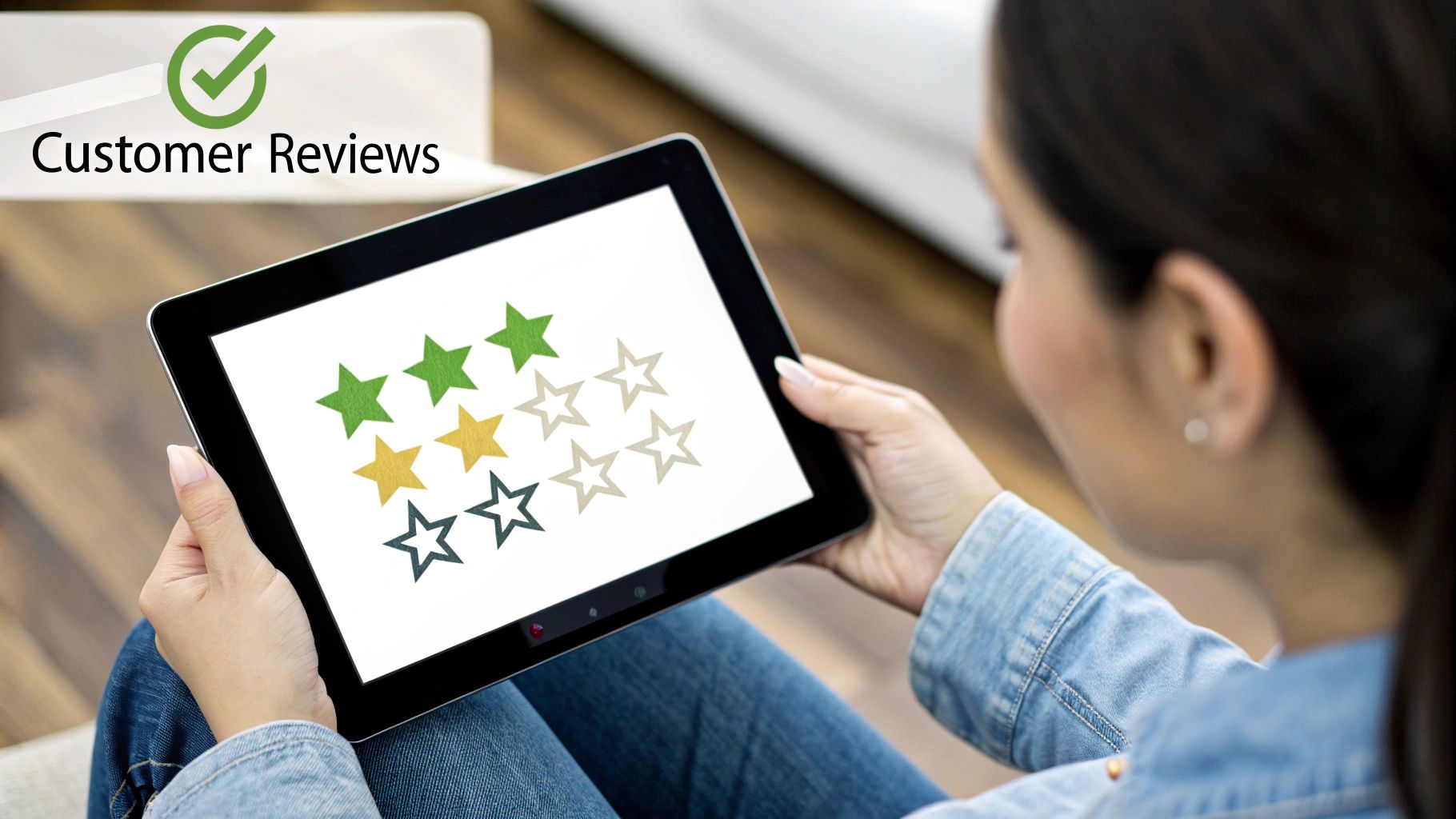 A customer leaving a positive five-star review on their smartphone for a local business.