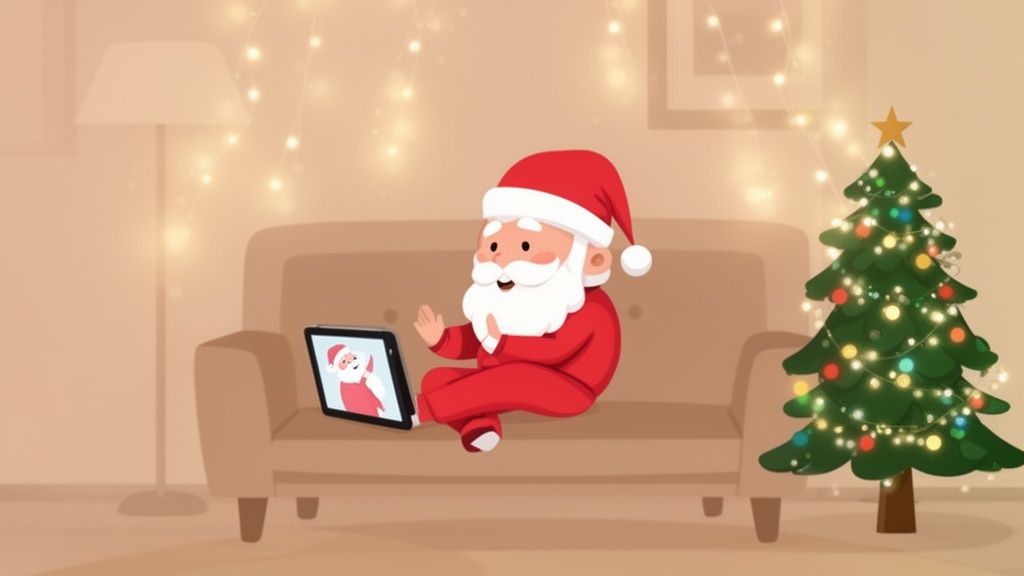 A cartoon Santa Claus sitting on a couch, having a video call with another Santa, next to a Christmas tree.