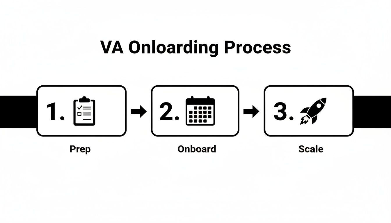 A three-step flowchart illustrating the VA Onboarding Process: Prep, Onboard, and Scale, with corresponding icons.