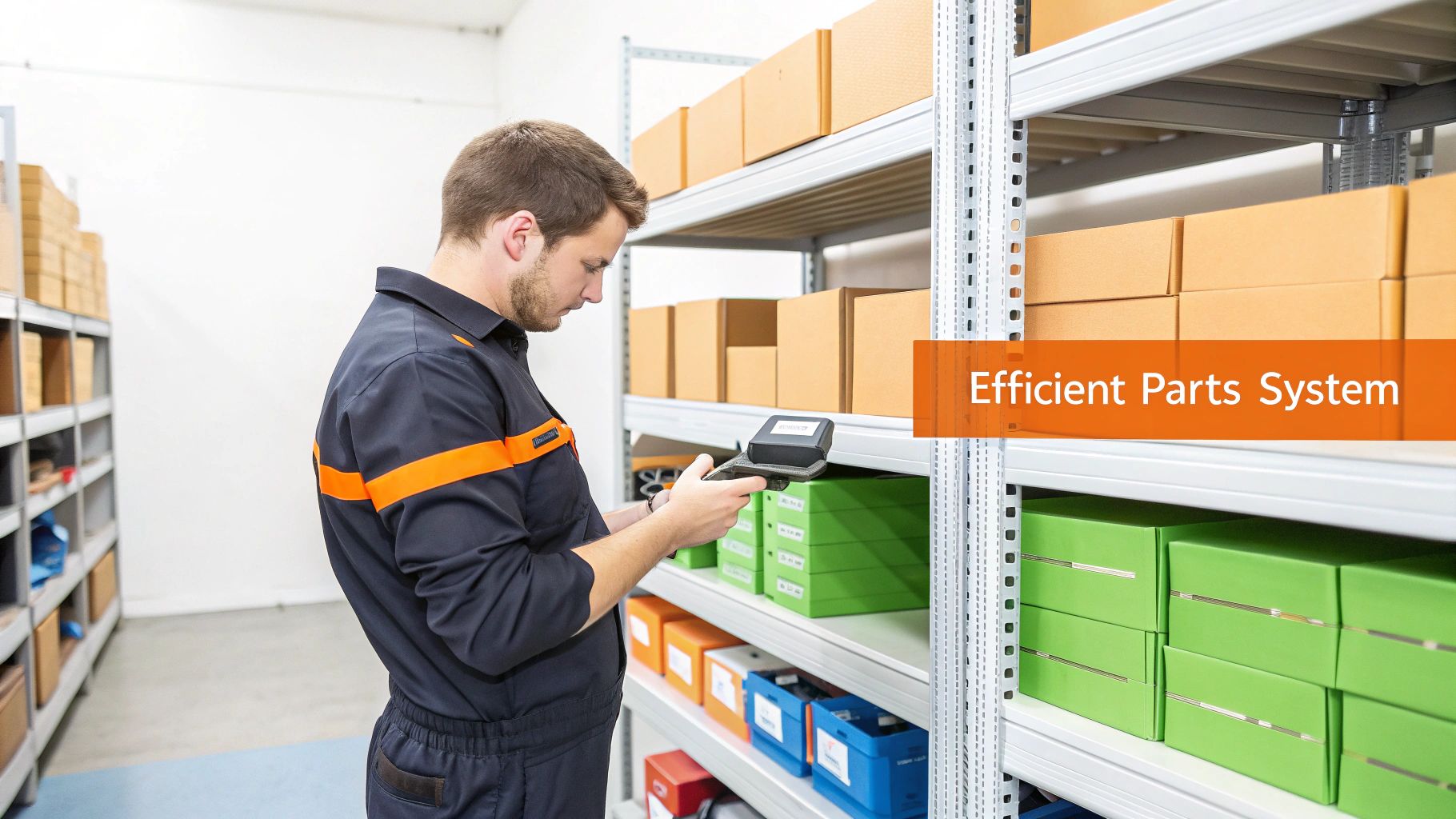 Warehouse worker uses a handheld scanner to manage parts inventory on organized metal shelving.