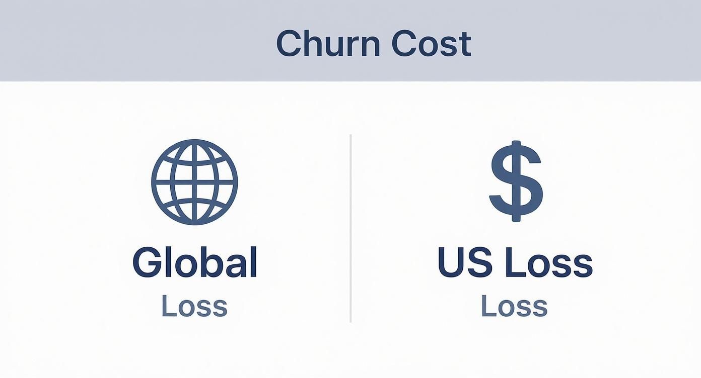 Churn cost comparison infographic showing global loss and US loss financial impact metrics