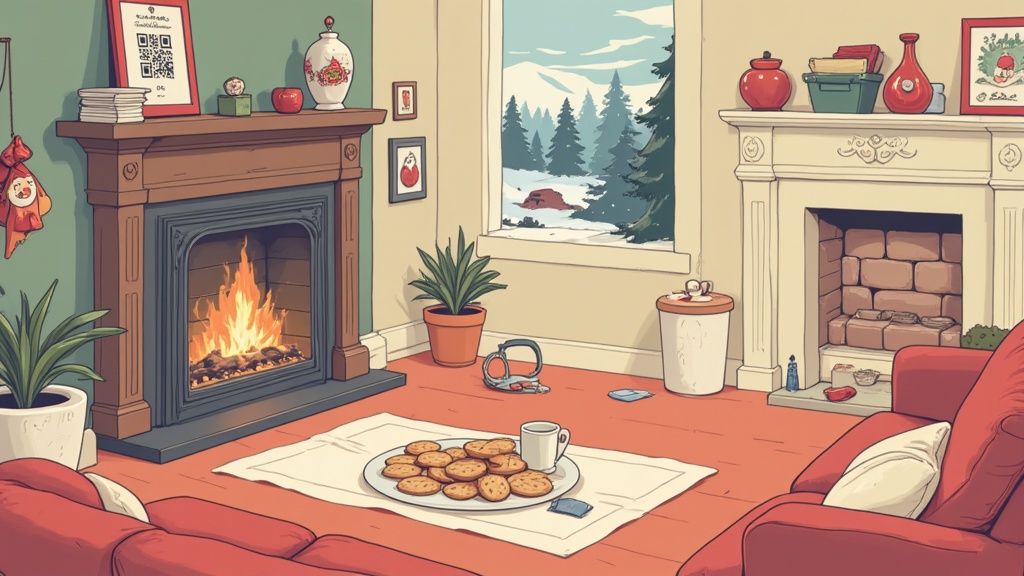 A family smiling as they watch a personalized Santa video message on a large TV screen on Christmas Eve.