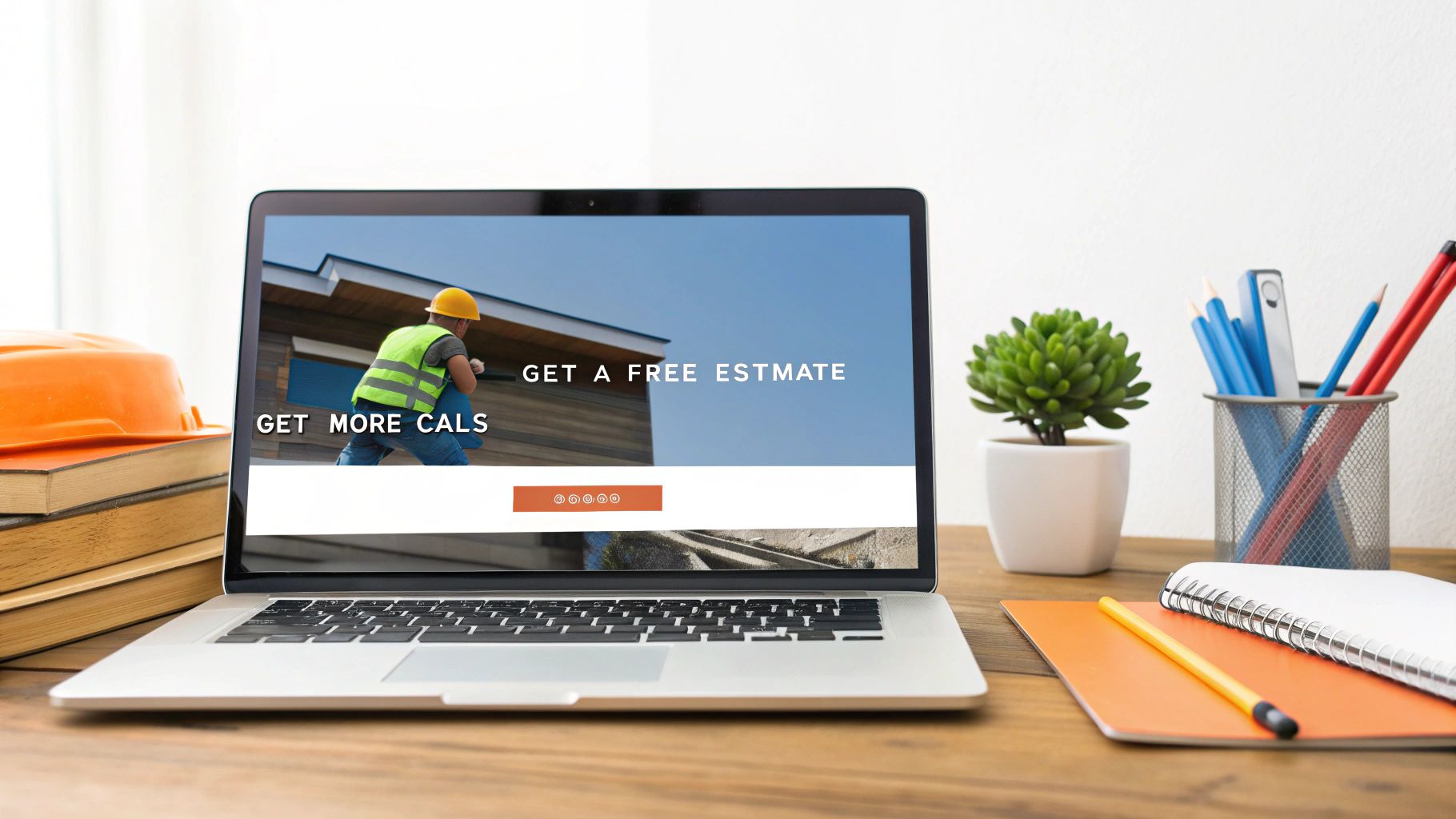 A laptop on a wooden desk displaying a website with 'GET MORE CALS' and 'GET A FREE ESTMATE' text.