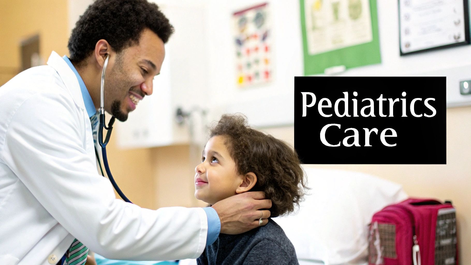 A pediatrician is examining a young child in a clinical setting.